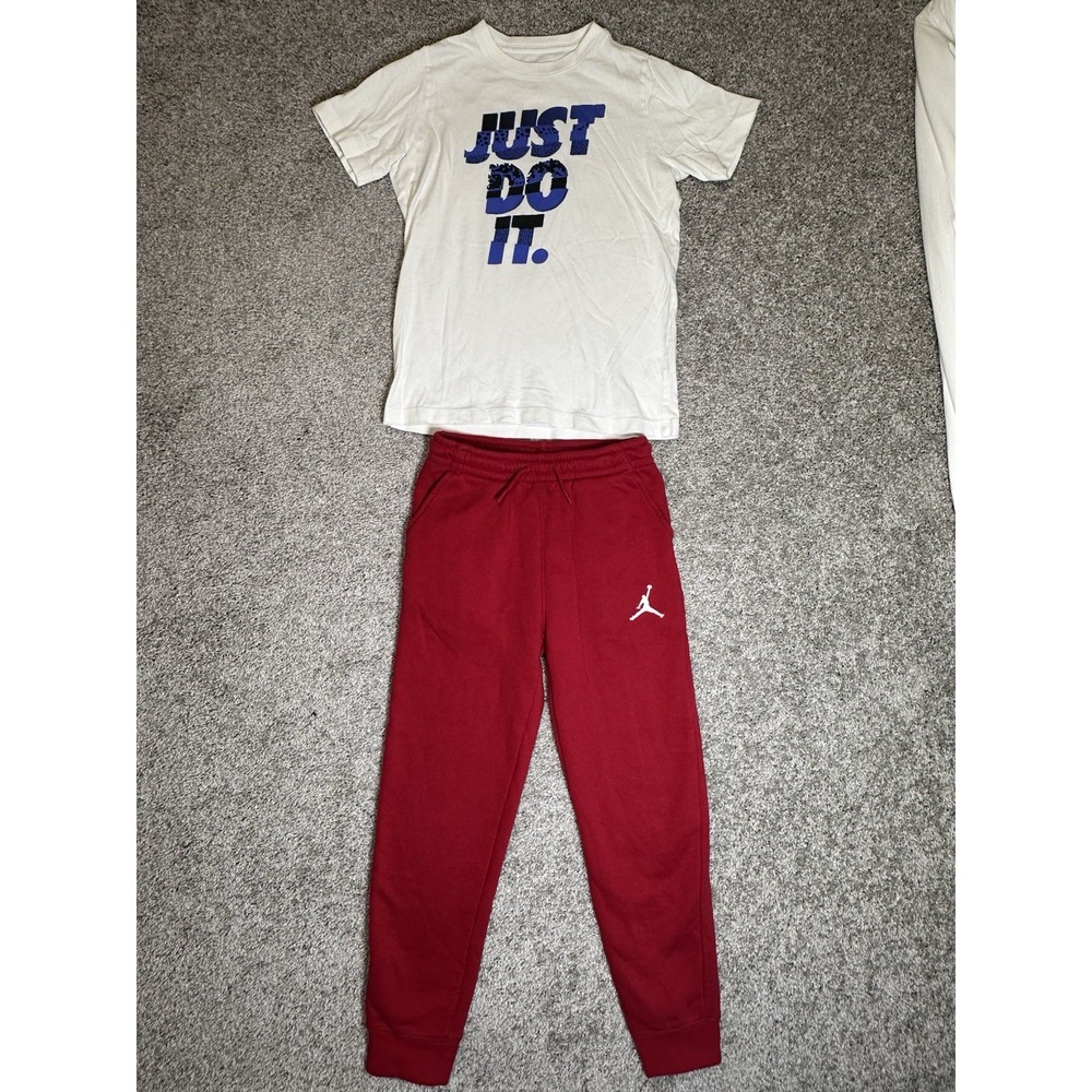 Nike Jordan Boys Youth Medium 2 Piece Outfit T-Shirt Red Jogger Pants EUC